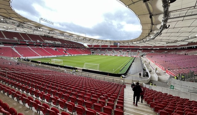Richard's view across the red seats and pitch at Stuttgart's stadium